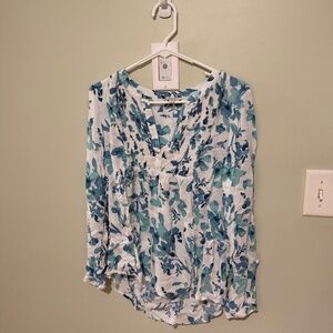 Blue Floral Long Sleeved V Neck Pintuck Top